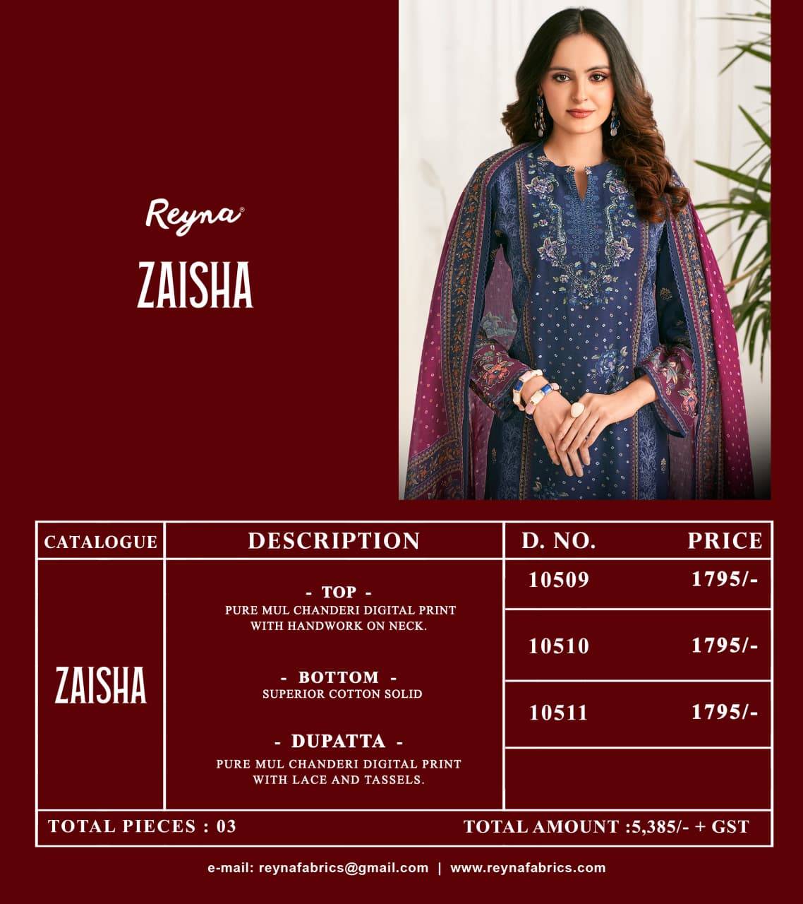 ZAISHA By REYNA 10509 A TO 10511 Beautiful Festive Suits Stylish Colorful Fancy Casual Wear & Ethnic Wear PURE MUL CHANDERI Dresses At Wholesale Price